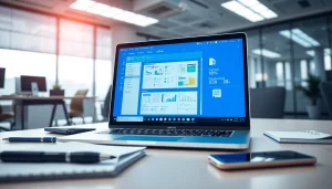 在现代办公环境中，笔记本电脑上展示的 WPS Office，强调提高生产力。