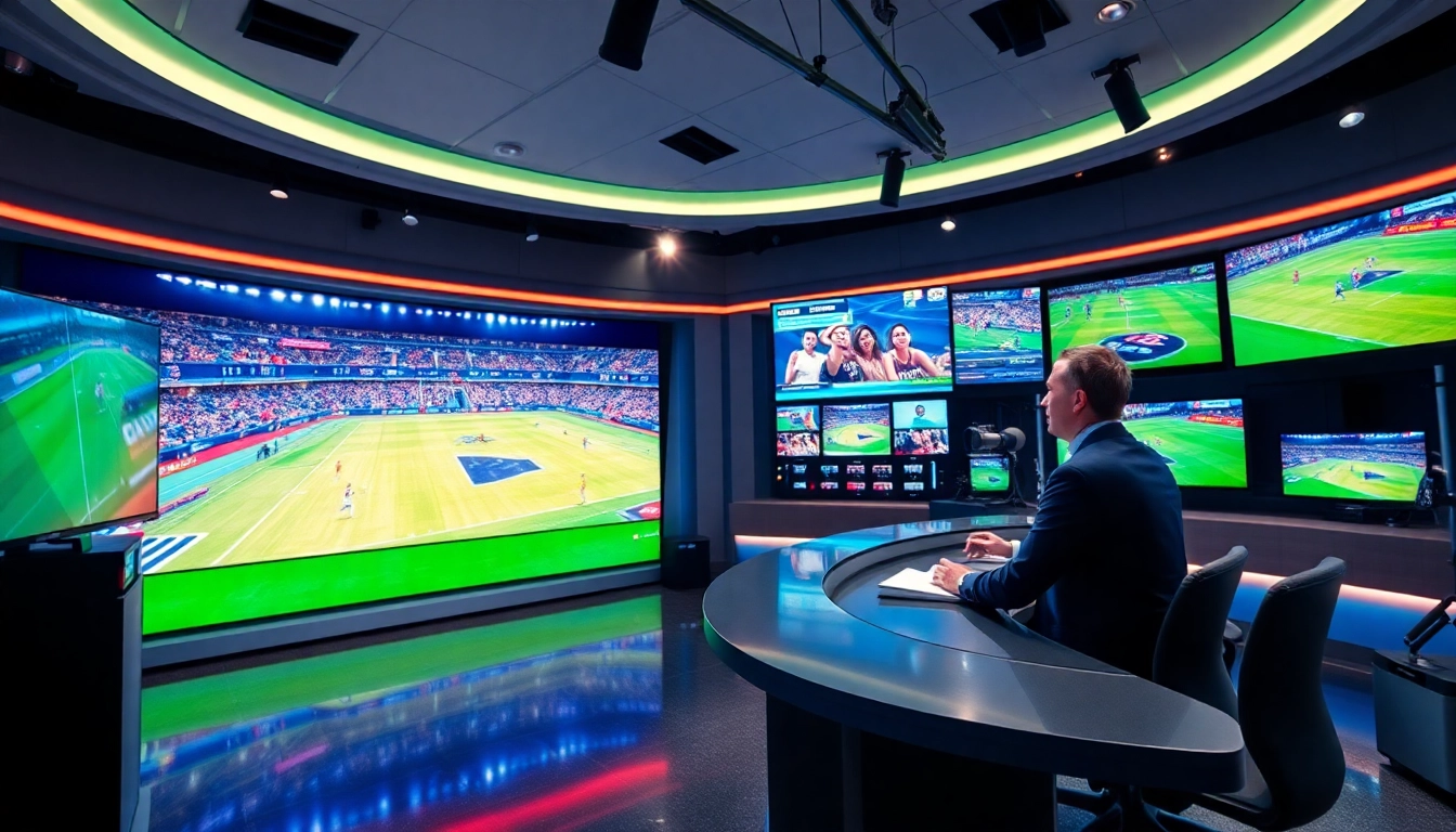 A dynamic sports broadcasting studio showcasing live sports events with advanced technology.