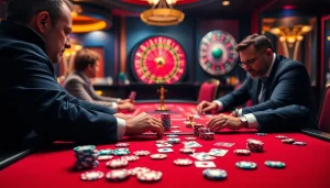 Experience the thrill of gambling at https://rikvip368.com with poker players, colorful chips, and a roulette wheel.