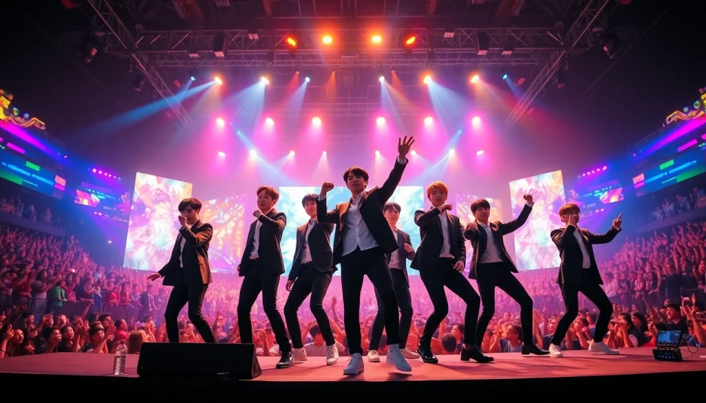 BTS news as members perform energetically on stage with vibrant lights and cheering fans.