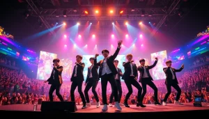 BTS news as members perform energetically on stage with vibrant lights and cheering fans.