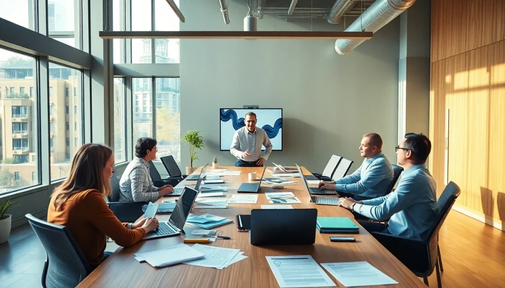 Marketing Consultant strategizing with clients in a bright, engaging office environment.