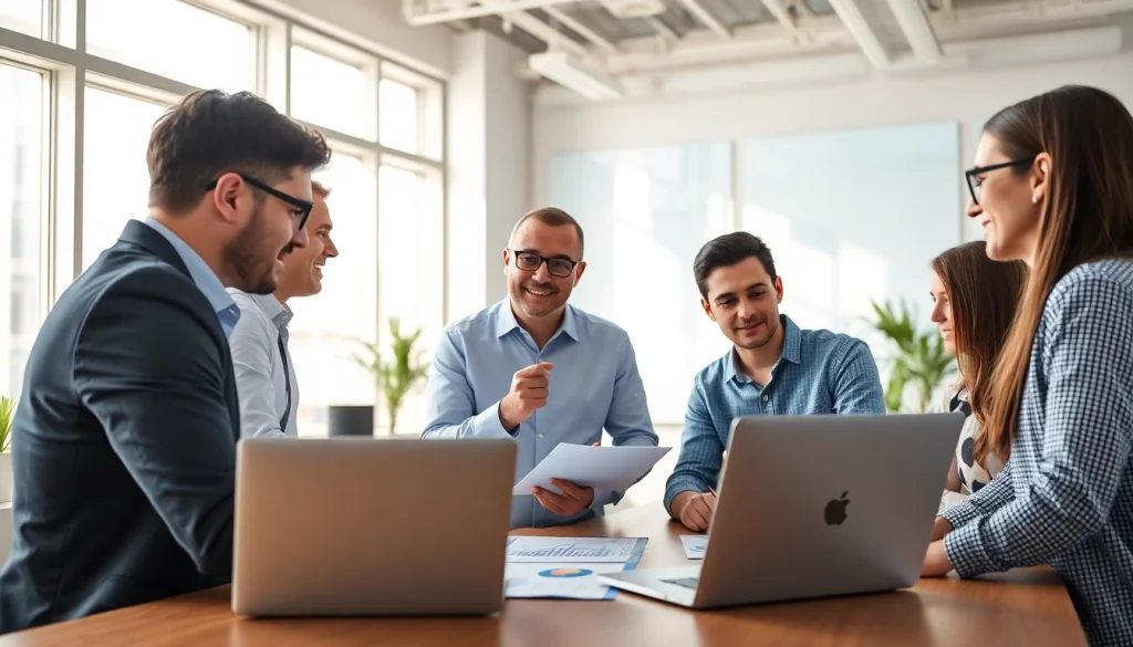 Engaging scene of SME AI consulting services in action, showcasing collaboration between AI consultant and small business team.