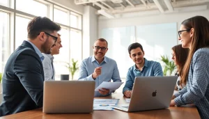 Engaging scene of SME AI consulting services in action, showcasing collaboration between AI consultant and small business team.