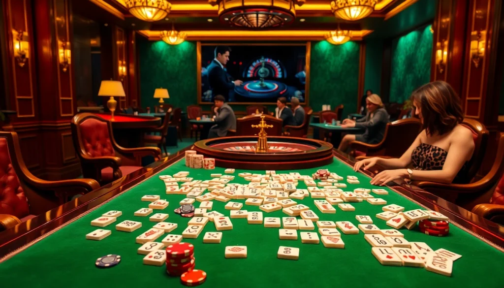 Memancing pemain dalam permainan link mahjong yang dikelilingi elemen kasino mewah.