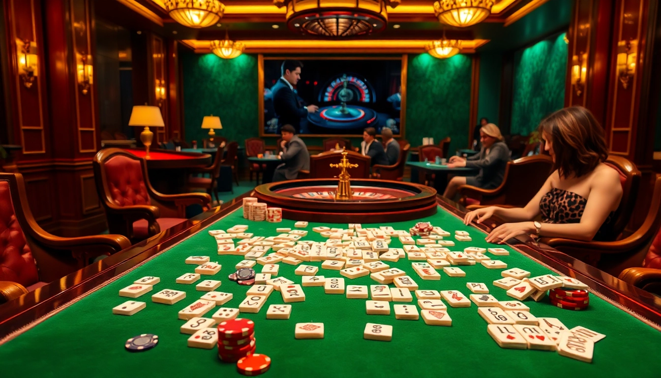Memancing pemain dalam permainan link mahjong yang dikelilingi elemen kasino mewah.