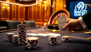 Engaging poker players placing bets at i9bet2h.club casino with roulette wheel background.