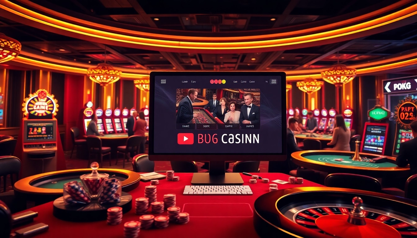 Scène engageante de jeux d'argent professionnels sur un site de casino en ligne avec des tables élégantes et des joueurs animés.