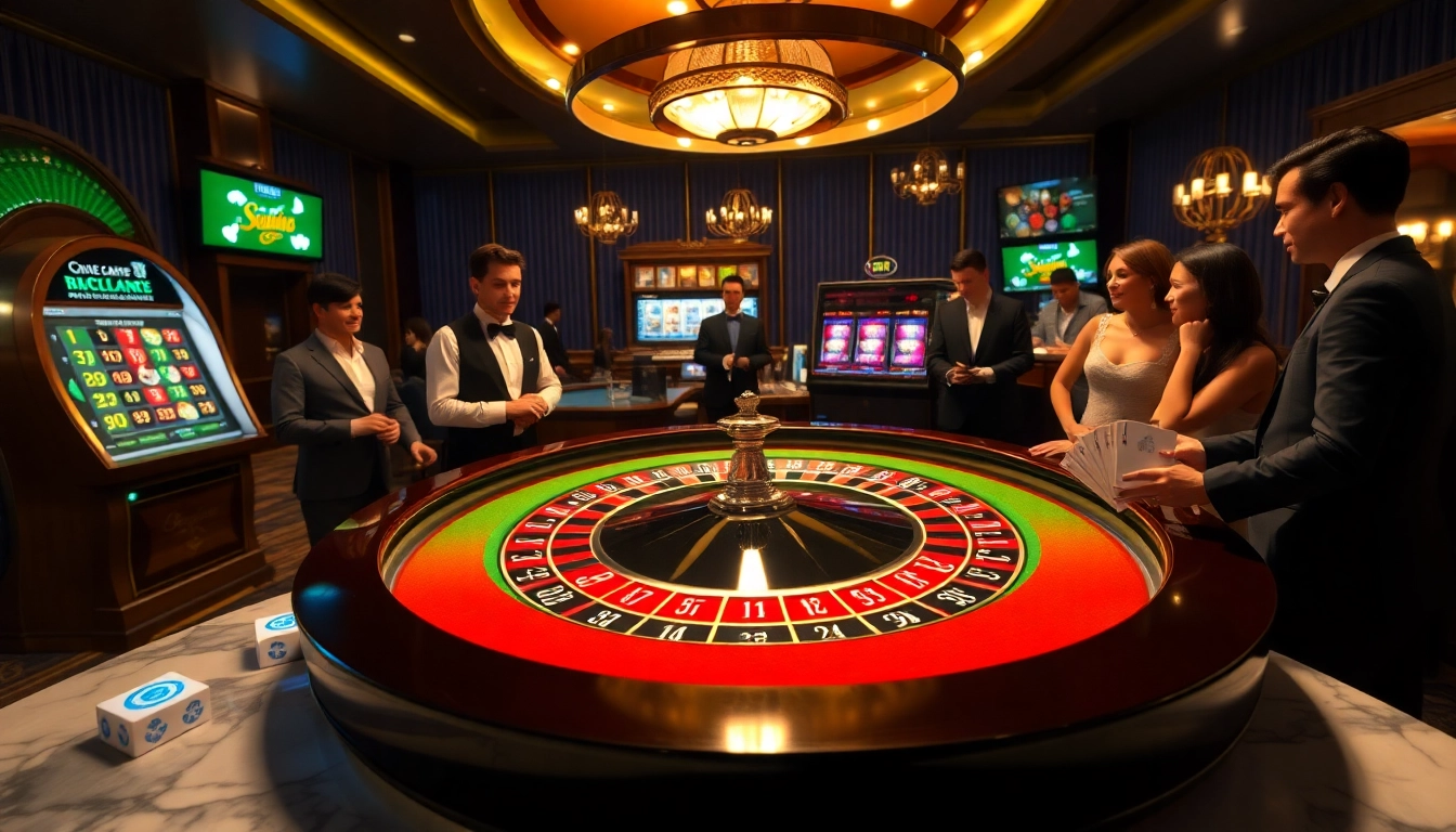 Vivez l'excitation d'un site de casino en ligne avec des joueurs élégants autour d'une table de roulette vibrante.
