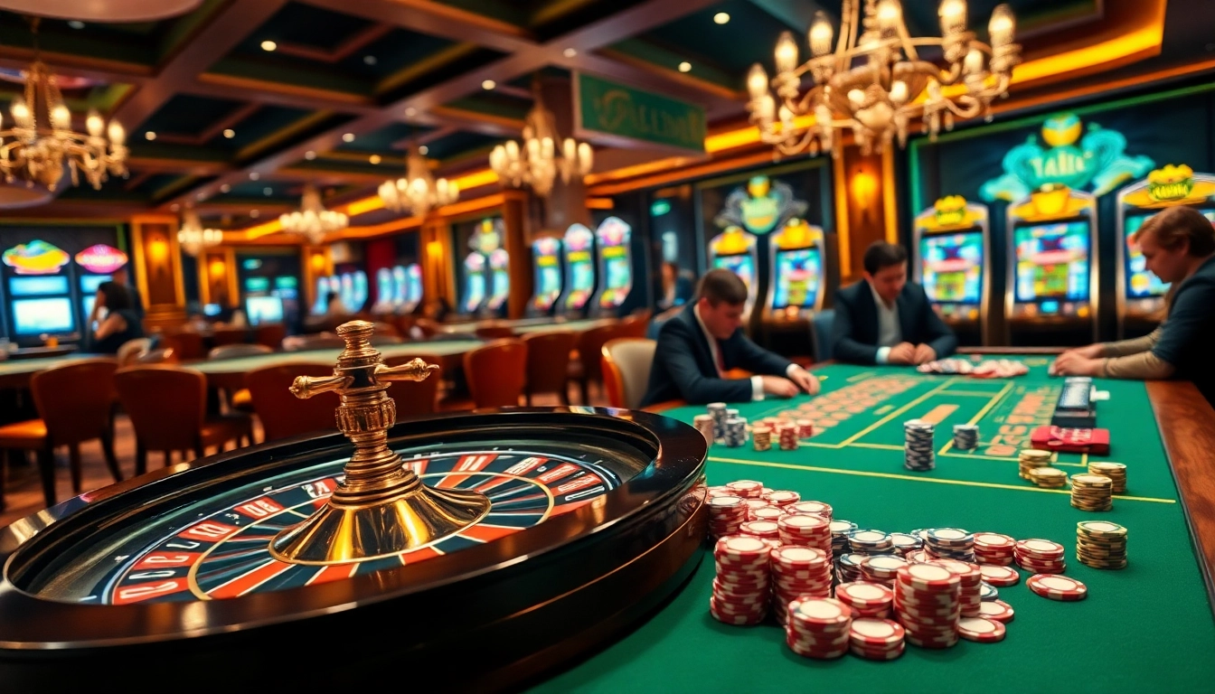 Une expérience de jeu passionnante dans un casino en ligne argent réel luxueux avec des jetons de poker et des joueurs.