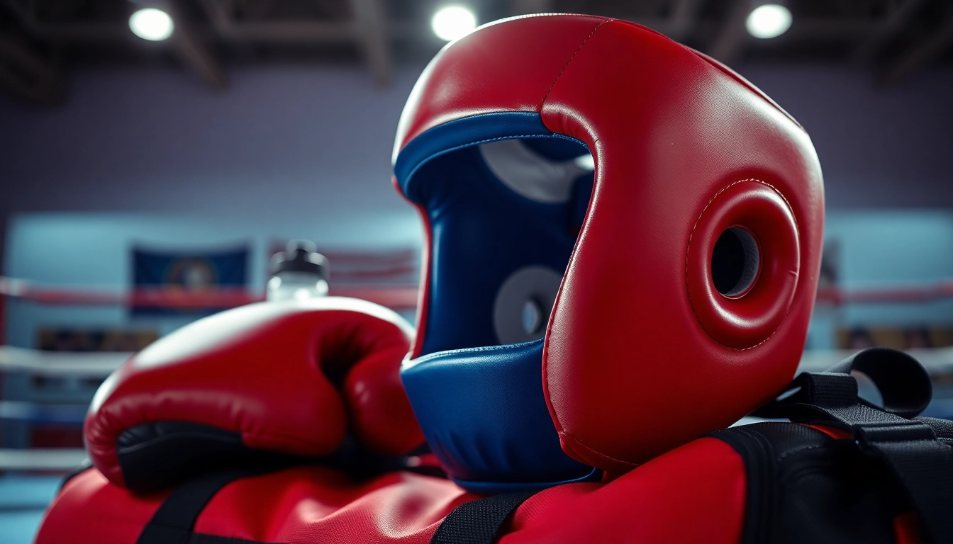 Training headgear boxing with vibrant details on a gym bag in a boxing ring backdrop.