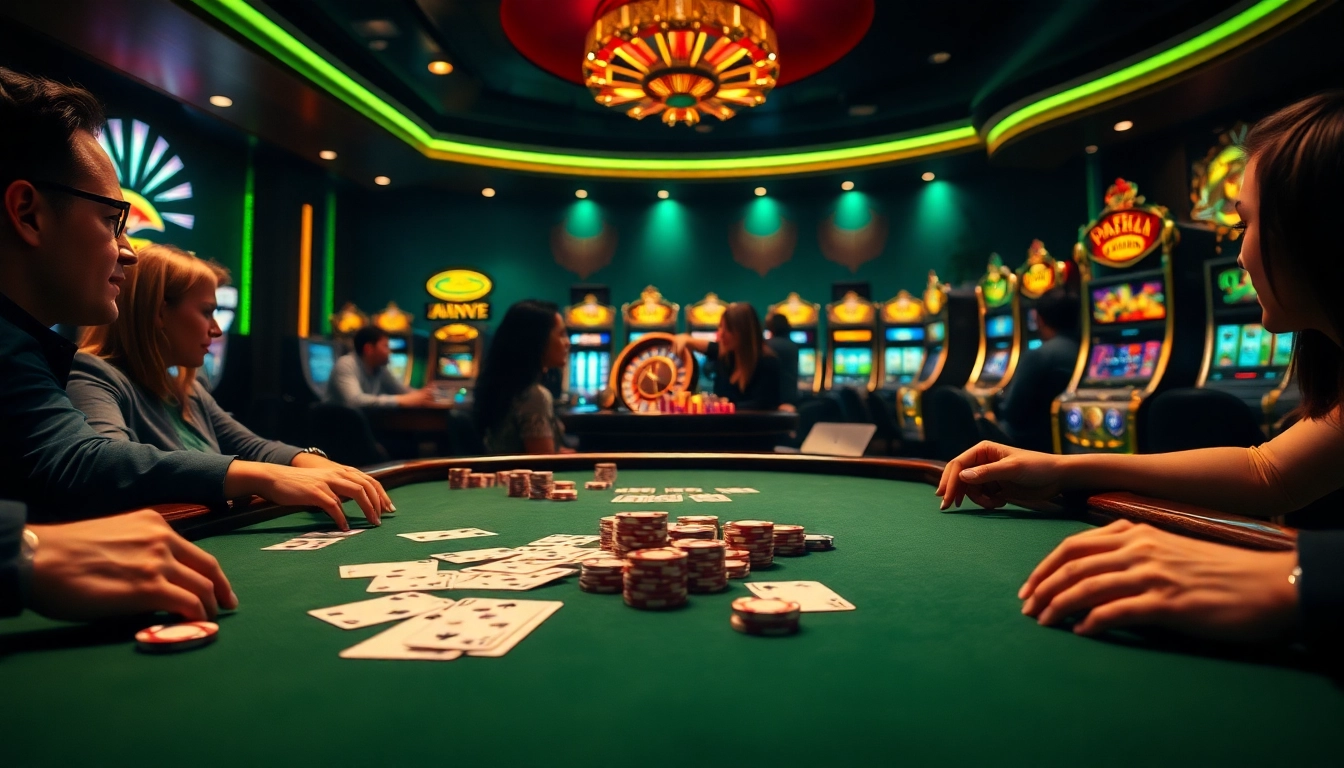 Scène engageante d'un site de casino en ligne, mettant en avant une table de poker élégante dans un casino luxueux.