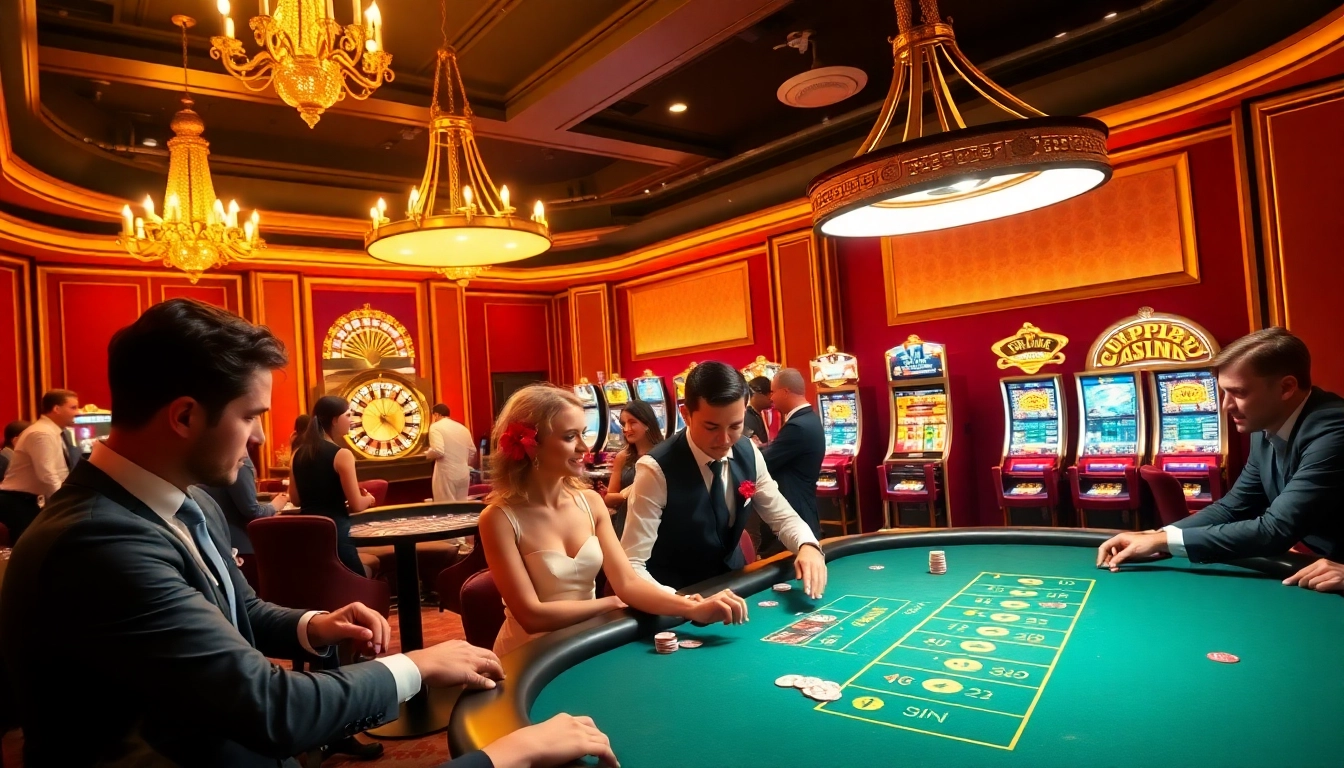 Vivez l'excitation sur un site de casino en ligne avec des joueurs profitant du blackjack et de la roulette dans un cadre luxueux.