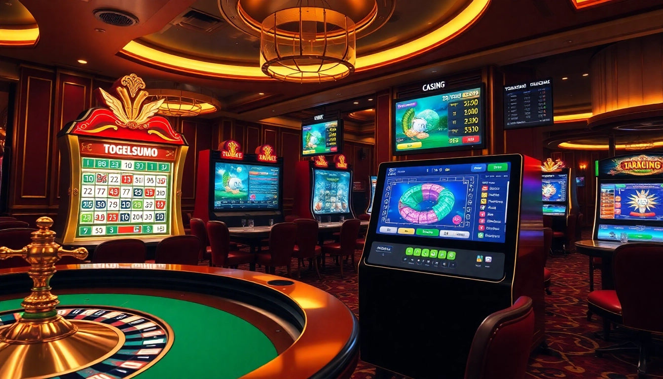Pengalaman perjudian online Togelsumo yang menampilkan lingkungan kasino mewah dengan meja roulette dan layar taruhan digital.