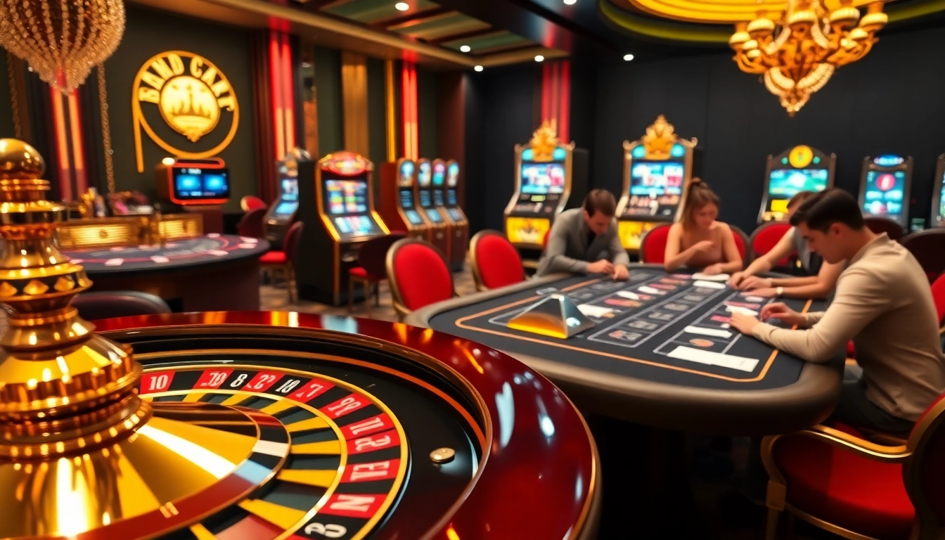 Cette scène de casino en ligne français visuellement époustouflante présente une roue de roulette et des joueurs engagés, mettant en avant le luxe et l'excitation des paris en ligne.