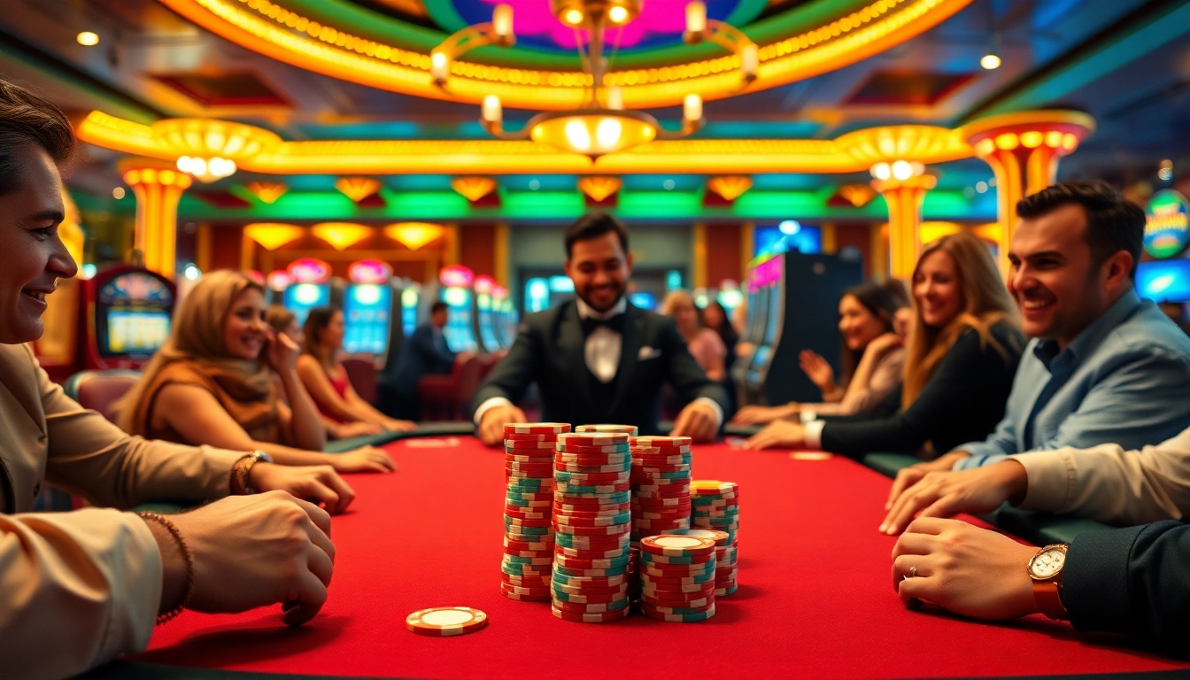 Spannende Atmosphäre mit einem Casino-Bonus ohne Einzahlung neu und Spielern am Tisch.