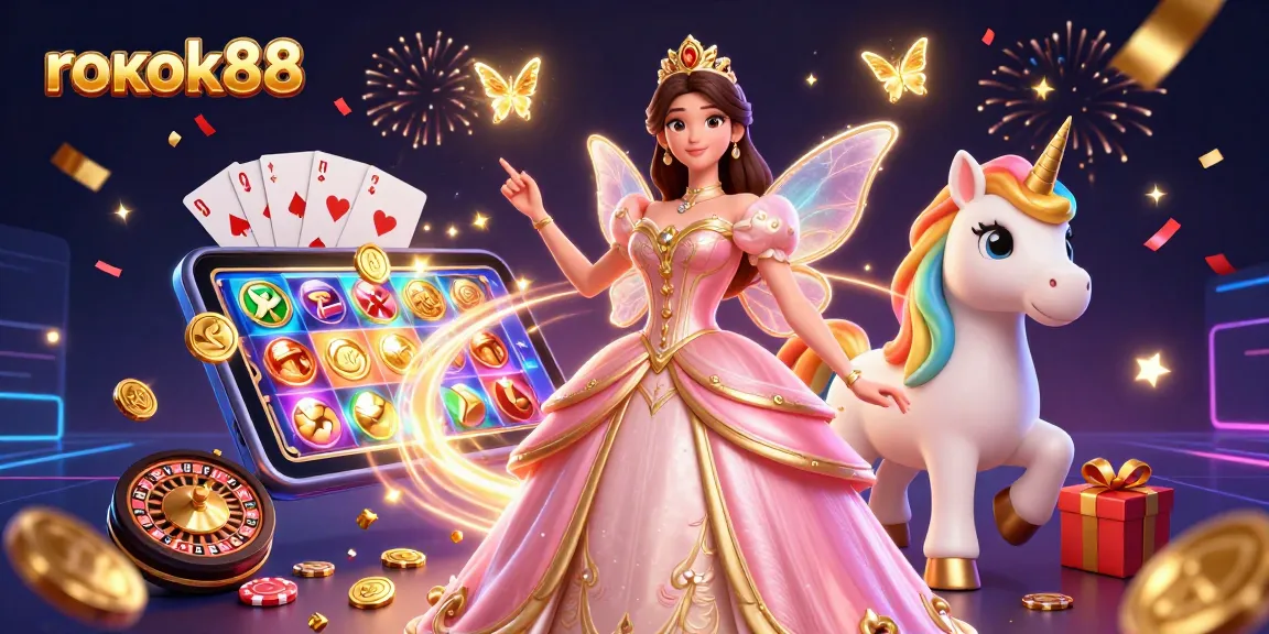 Spin and win with rokok88 in this vibrant, enchanted casino illustration.