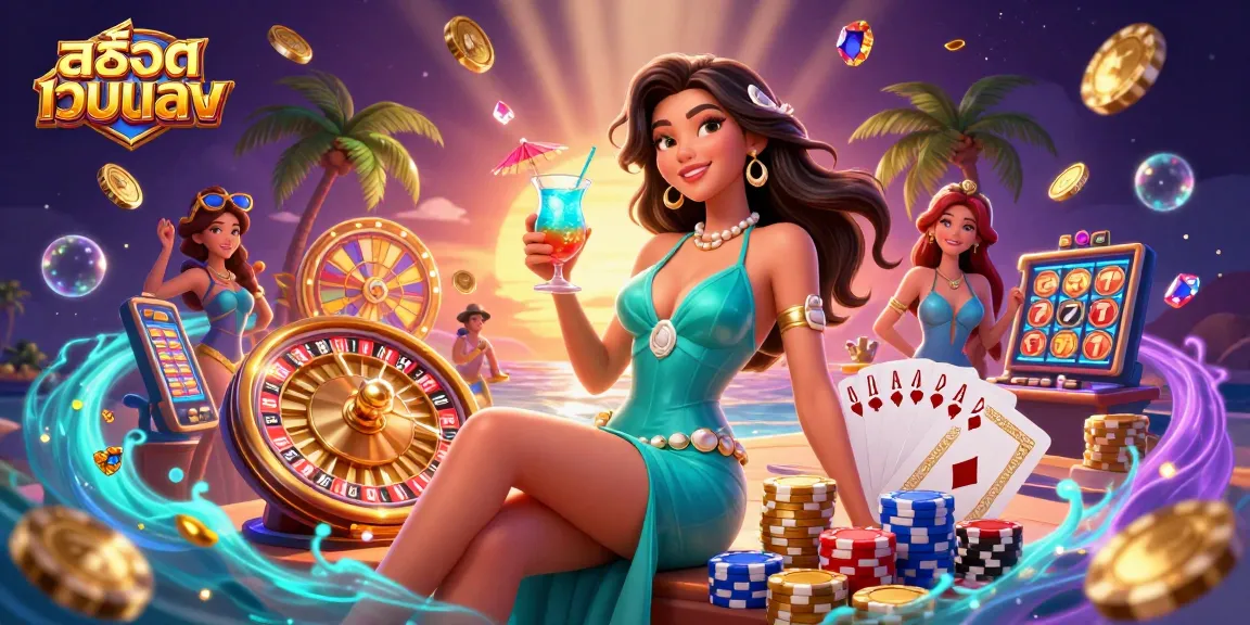Play exciting slots at สล็อตเว็บตรง with a glamorous scene of a woman enjoying casino excitement under a sunset.