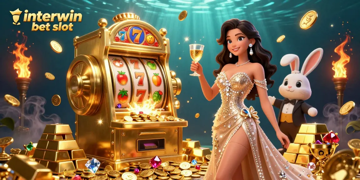 Win big with interwin bet slot at an exciting casino scene featuring a golden jackpot machine and treasures.