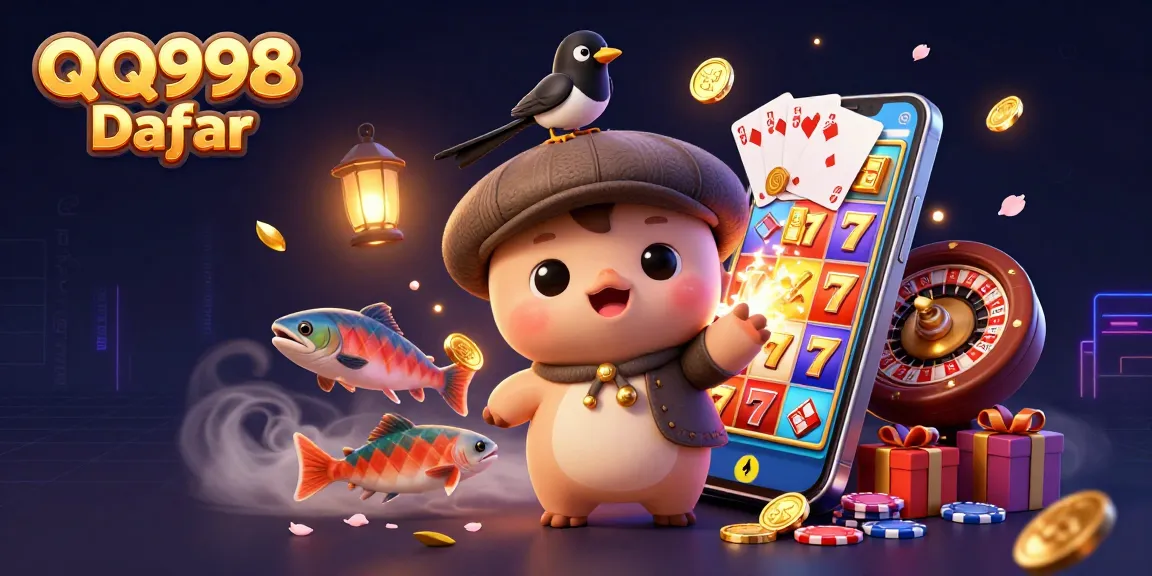 Experience the thrill of QQ998 Daftar with fun characters and vibrant slot games in an engaging gaming scene.