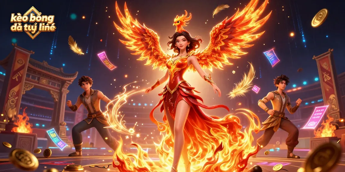 Bet on kèo bóng đá trực tuyến with an Asian woman surrounded by sports betting elements and a fiery phoenix.