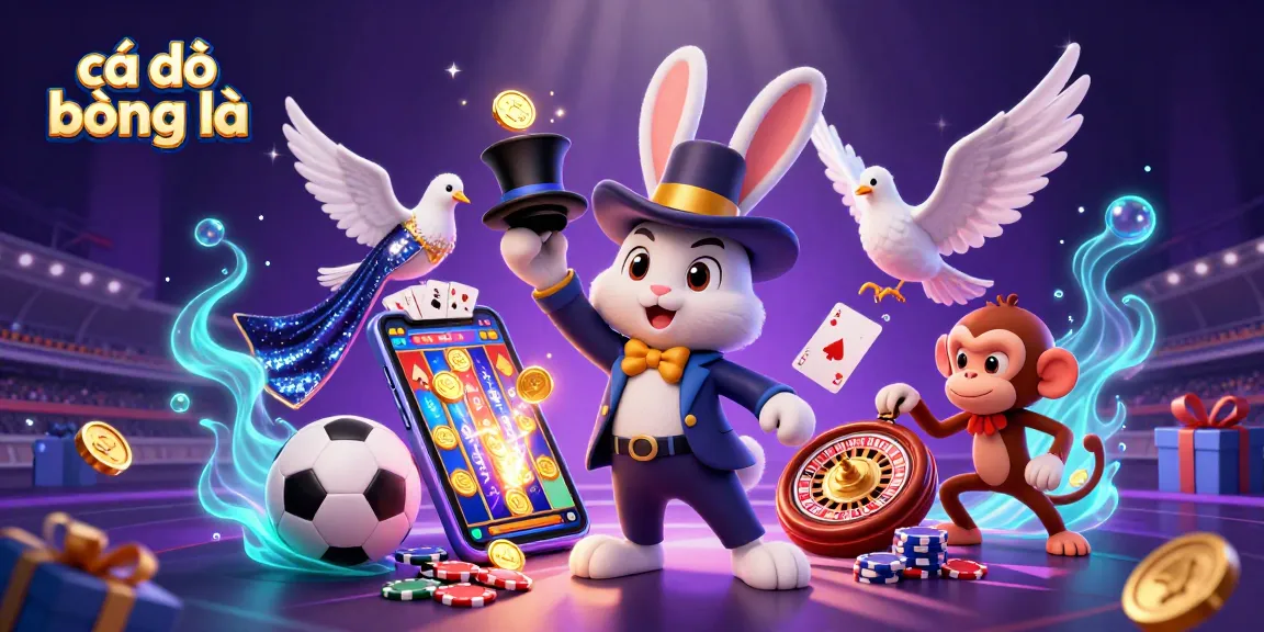 Cá độ bóng đá illustration featuring a magician rabbit, a dove, and a monkey in a dynamic gambling scene.