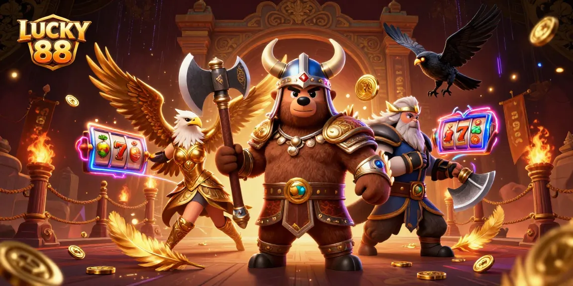 Engage with the thrilling LUCKY 88 slot experience with dazzling 3D characters and vibrant casino elements.