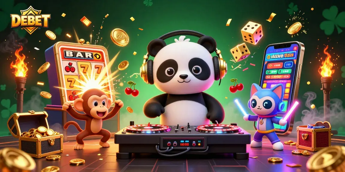 Experience DEBET gaming excitement with a DJ panda, breakdancing monkey, and glow-stick kitten in a vibrant casino setting.