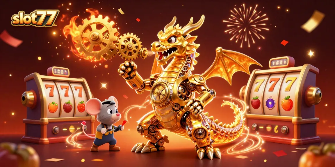 Engage with slot777 as a golden dragon unleashes slot reels and festive elements in this vibrant casino scene.