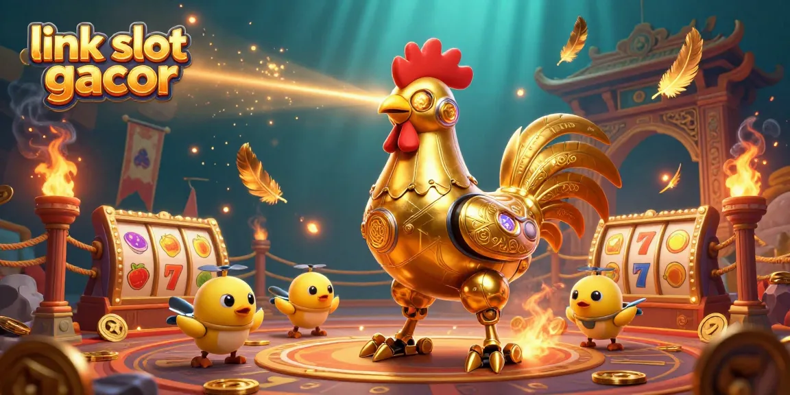 Engage with link slot gacor in a vibrant 3D casino scene filled with golden robots and slot elements.