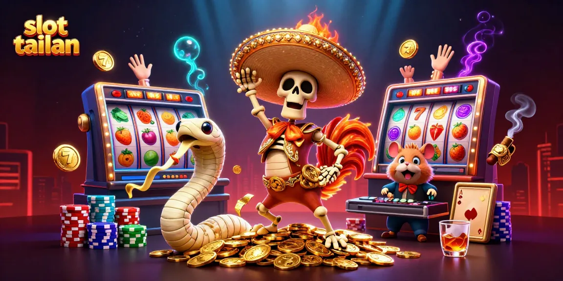 Experience the excitement of slot tailan with vibrant characters celebrating around slot reels and coins.