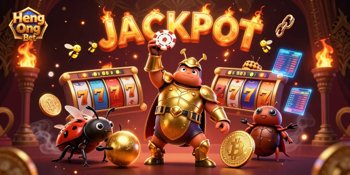 Experience the excitement of Heng Ong Bet with a 3D hercules beetle celebrating a big jackpot in a vibrant gaming environment.