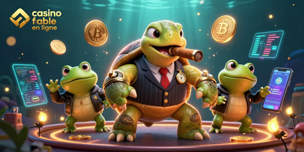 Visualisez un casino fiable en ligne vibrant avec une tortue gangster et des grenouilles dans un décor ludique.