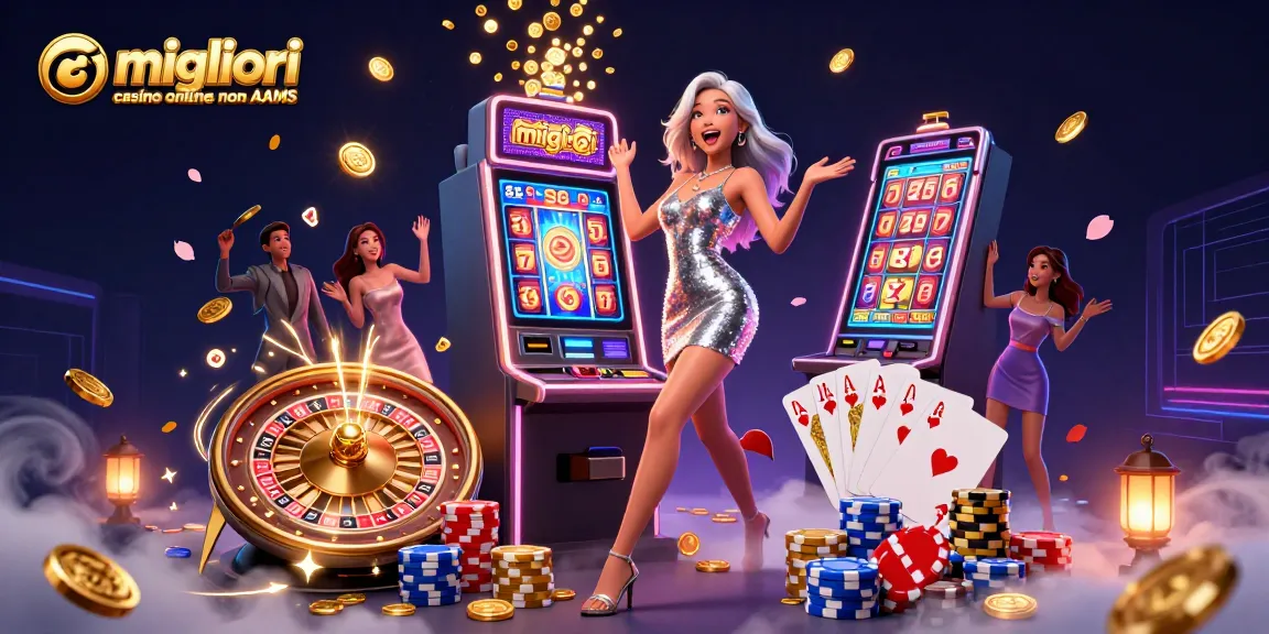 Migliori casino online non AAMS: Celebra le vittorie a una vivace macchina da gioco con una gioiosa donna asiatica in un abito splendente.