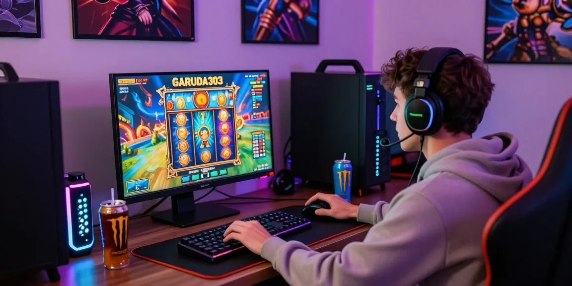 Experience GARUDA303's vibrant online gaming scene highlighting an engaged gamer immersed in colorful slot game excitement.