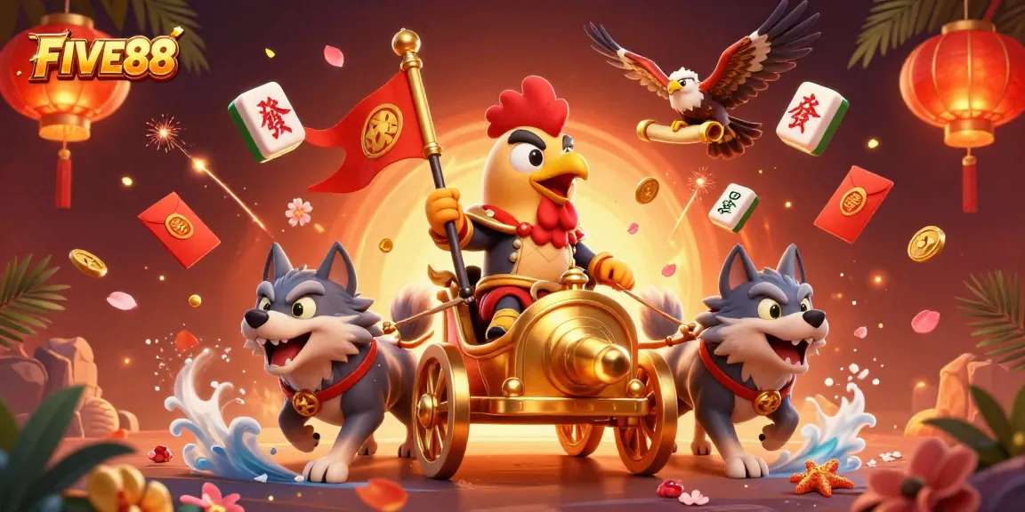 Join FIVE88 in an action-packed casino adventure with vibrant elements and characters.