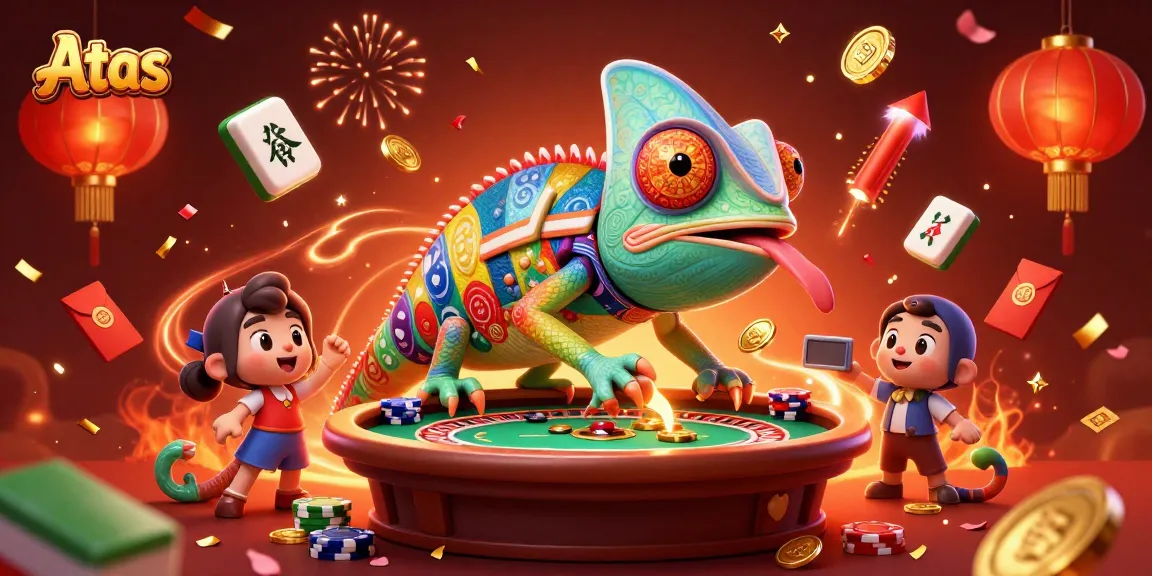 Engage with Atas casino’s vibrant gaming scene featuring a colorful chameleon owner amidst festive decorations.