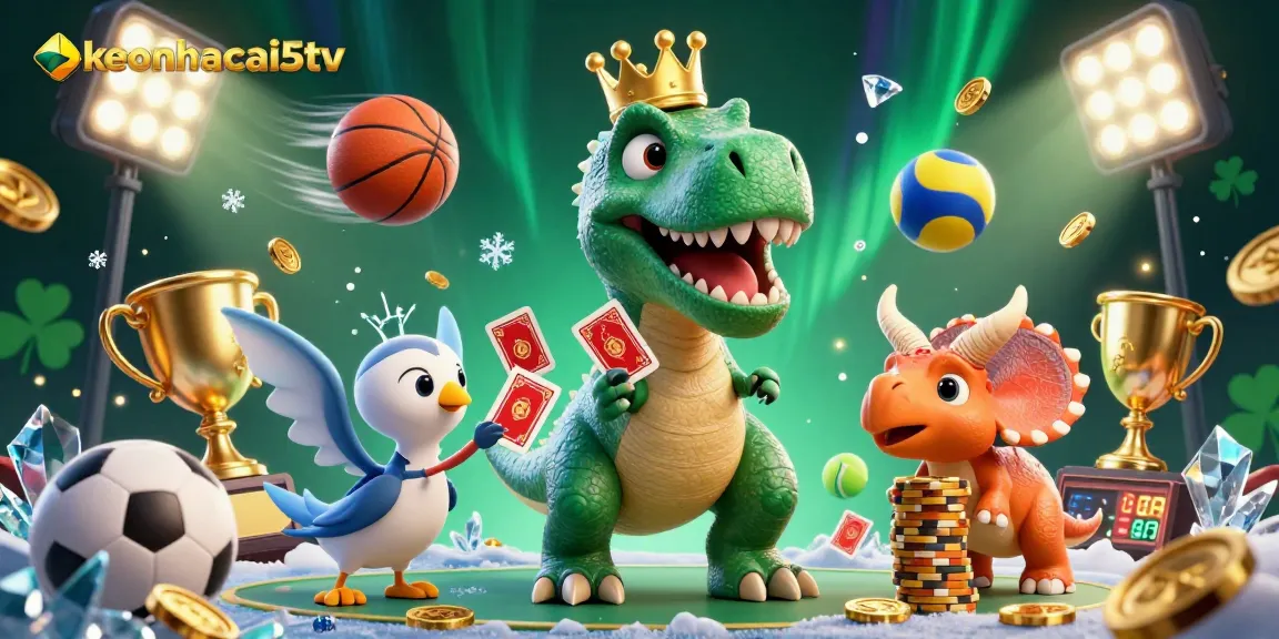 Betting action scene featuring keonhacai5tv with T-Rex, pterodactyl, and triceratops amidst dynamic sports elements.