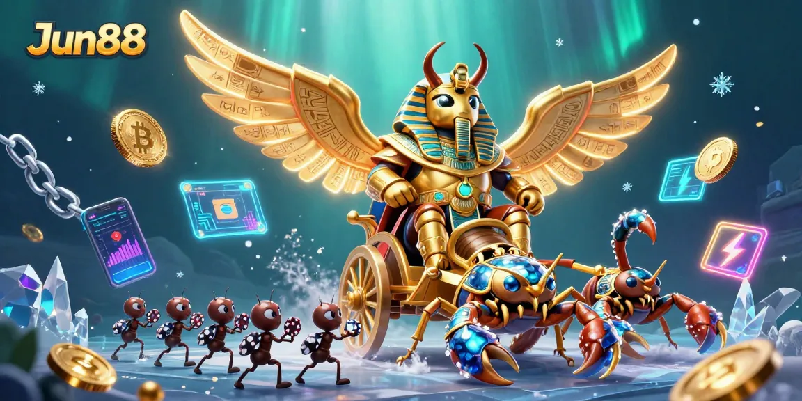 Experience thrilling gaming action with Jun88, featuring a 3D animated beetle and scorpions in a vibrant casino scene.