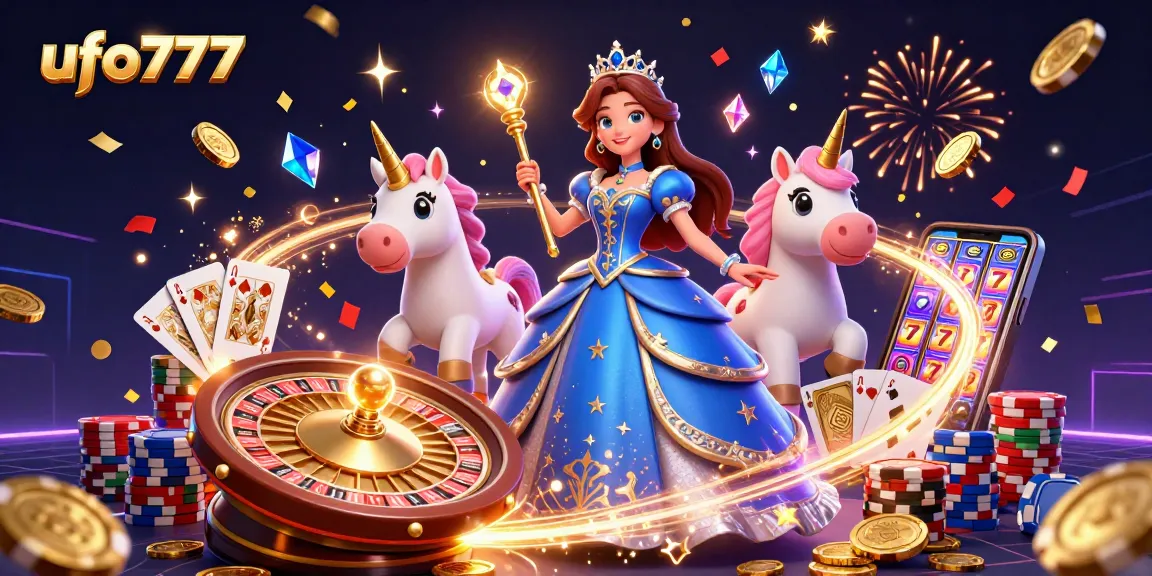Experience excitement at ufo777 with a stunning 3D illustration showcasing dynamic casino elements.
