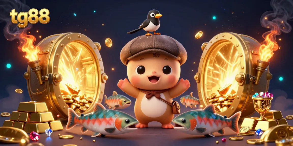 Experience the excitement of tg88 with cartoon characters enjoying a rich treasure scene full of casino elements.