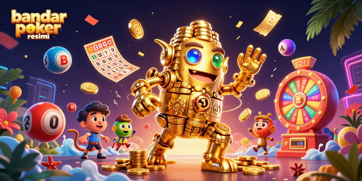 Engage with the vibrant world of bandar poker resmi through a dynamic scene of golden characters and lottery elements.