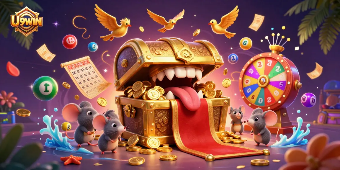 Win big with the U9WIN treasure chest luring adventurer mice amidst a colorful lottery scene.