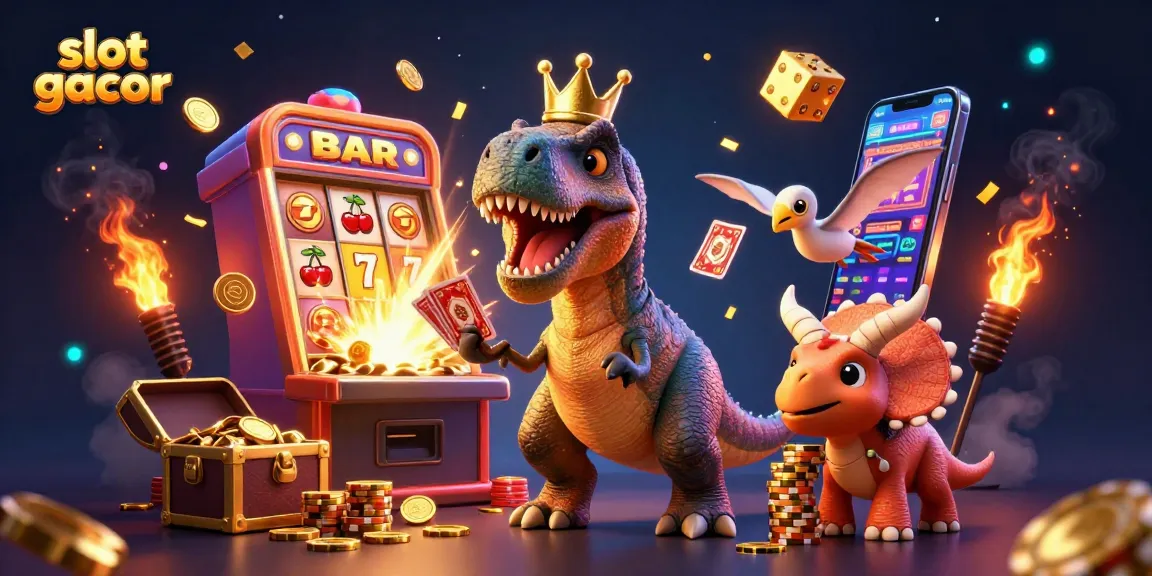 Experience thrilling slot gacor action with T-Rex, pterodactyl, and triceratops in a vibrant casino scene.