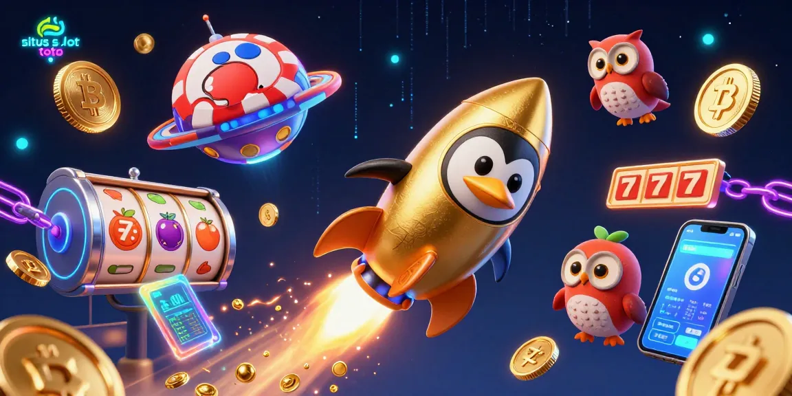 Engage with the exciting situs slot toto featuring a rocket-powered penguin and neon crypto elements.