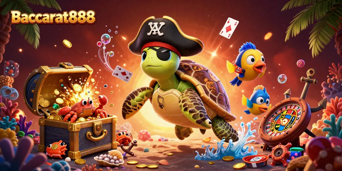 Baccarat888 promotes exciting gambling with a dynamic underwater scene, featuring a pirate turtle and rich casino elements.
