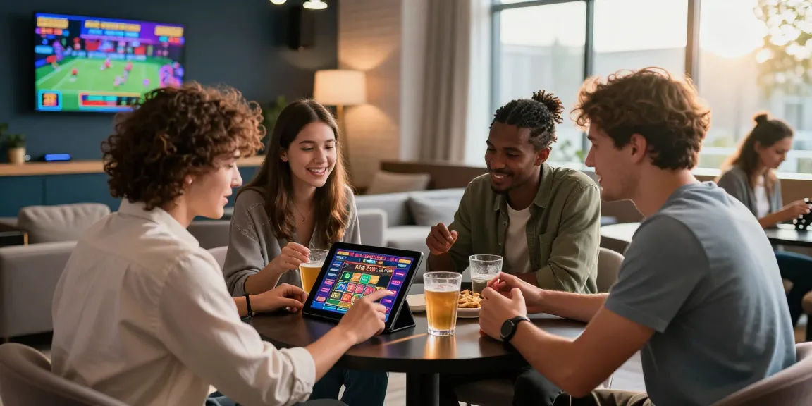 Friends enjoying new online casinos UK experience on a tablet with vibrant atmosphere.