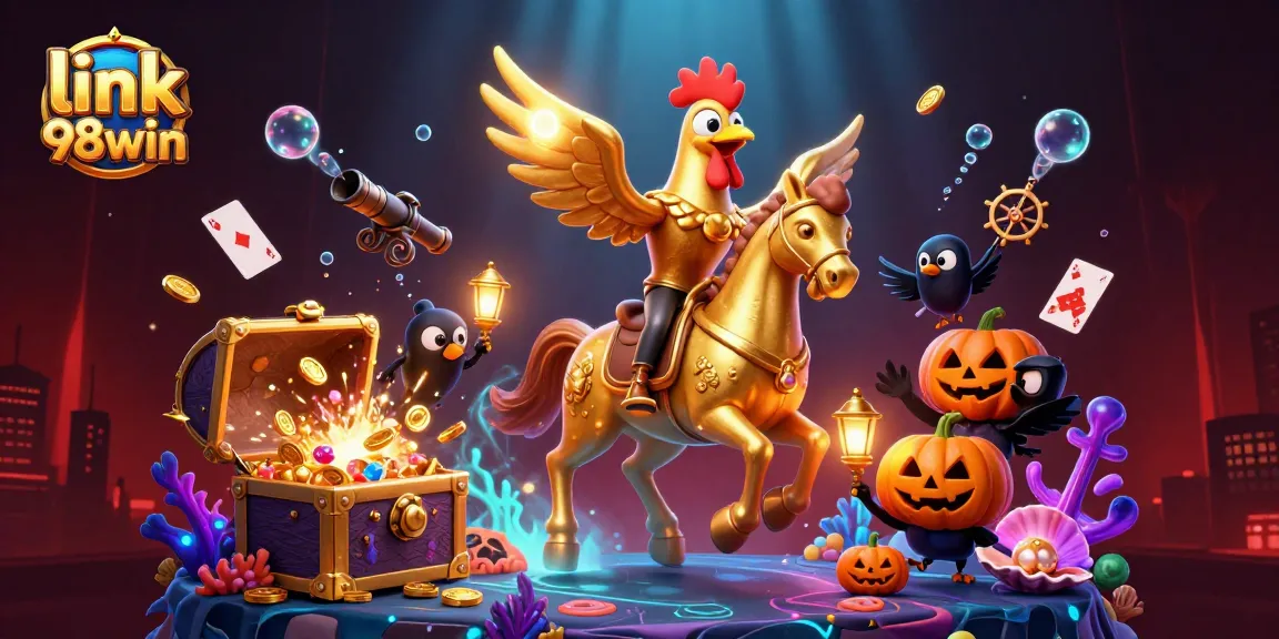 Engage with link 98win through golden rooster and spectral horse in a vibrant casino scene