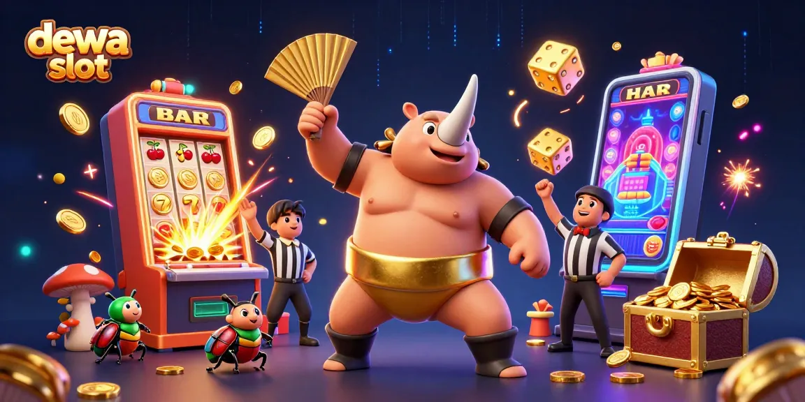 Menangkan dewa slot dengan ilustrasi juara beetle dan mesin slot yang penuh koin emas.