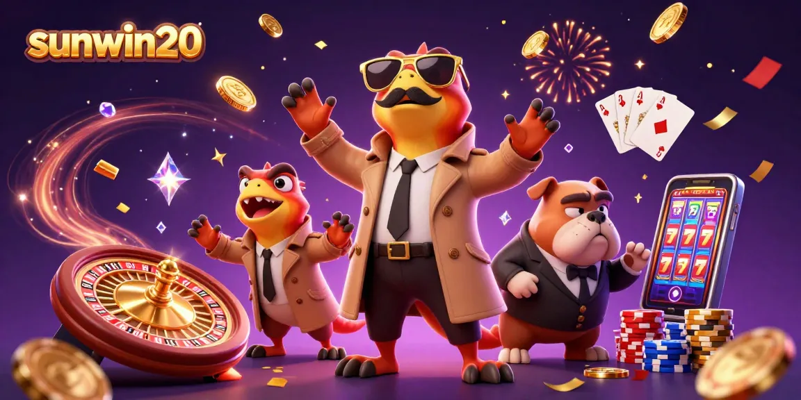 Win big with sunwin20 in a vibrant VIP casino scene featuring cartoon raptors and dynamic game elements.